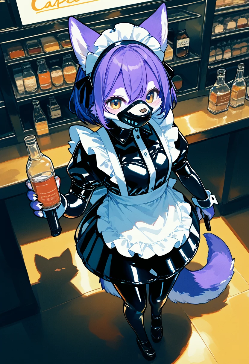 Highest quality, Highest quality, High quality illustrations, masterpiece, Ultra-high resolution, Detailed Background, maid Cafe, Bottle, Absurd, Perfect Anatomy, performance, Good lighting, Shadows in the movies(kemono, Furry Personifi猫ion), Rubber suit, Rubber suit, latex, neon, neonライト, neonカラー, Purple Rubber Maid Outfit, ribbon, Rubber mask, From above