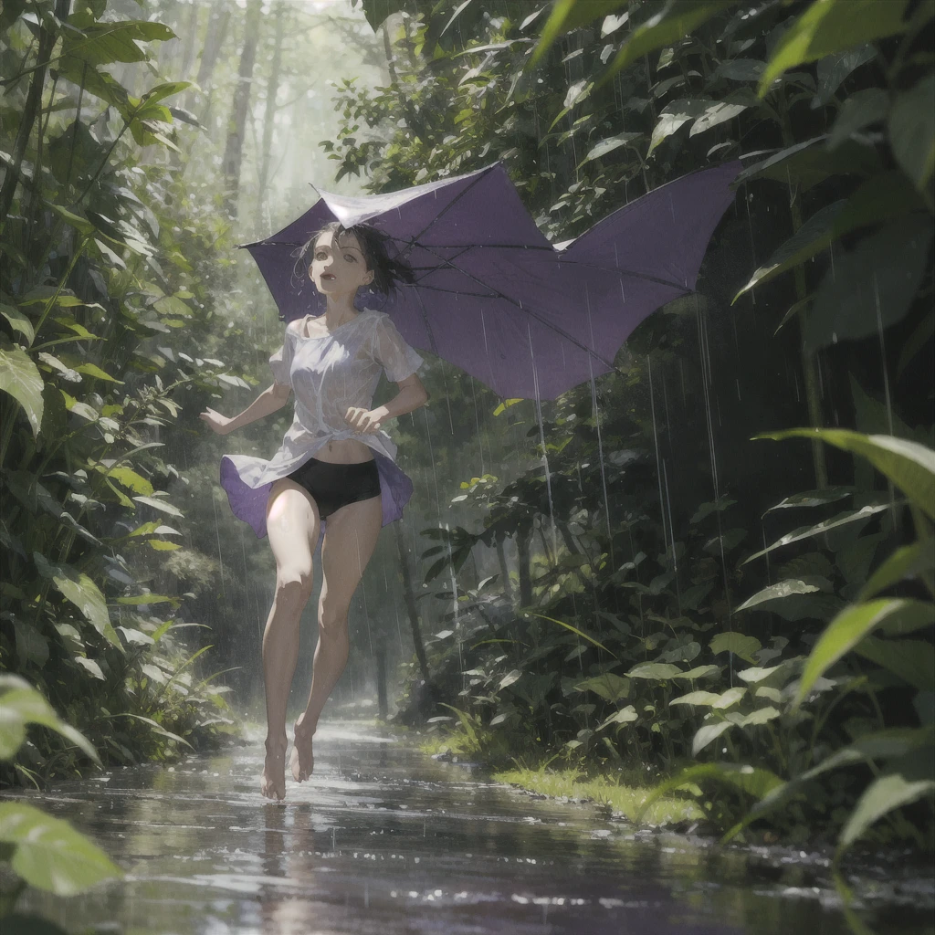 barefoot girl running in the rain in the summer forest, violet thunderstorm, в акварельном стиле