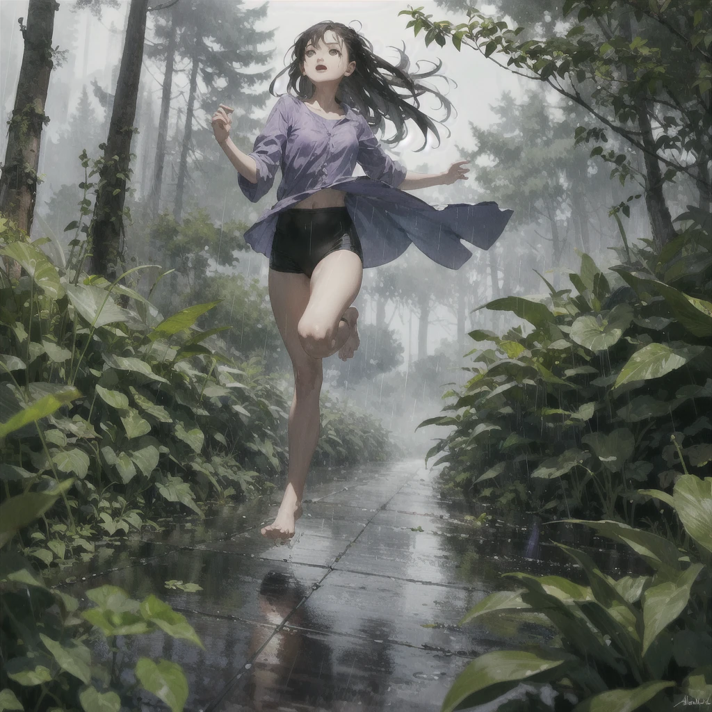barefoot girl running in the rain in the summer forest, violet thunderstorm, в акварельном стиле