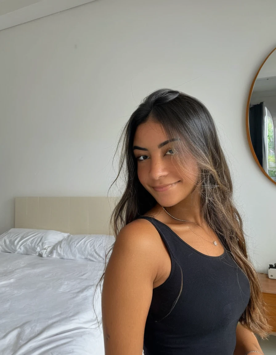 Un portrait photoréaliste d'une jeune fille colombienne de 21 ans avec de courts cheveux noirs et fluides et des yeux noisette et saisissants, souriante. Elle doit avoir une expression naturelle. L'arrière-plan doit être un cadre intérieur, peut-être une chambre ou un salon, debout dans ça chambre. Capturez cette image avec une photographie en haute résolution utilisant un objectif de 85 mm pour une perspective flatteuse.
