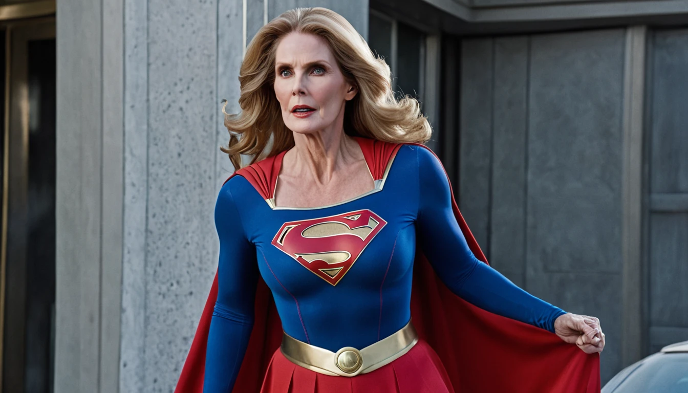 strong Superold woman Julie Hagerty Supergirl 1984s movie costume; big and strong breasts. HD. Photograph, ((realism)), extremely high quality RAW photograph, ultra detailed photograph, sharp focus, high resolution, (detailed skin:1,3),high quality, film grain, Fujifilm XT3,Highly Detailed, movie, (Cinematic Photo:1.3) of (Realistic:1.3)