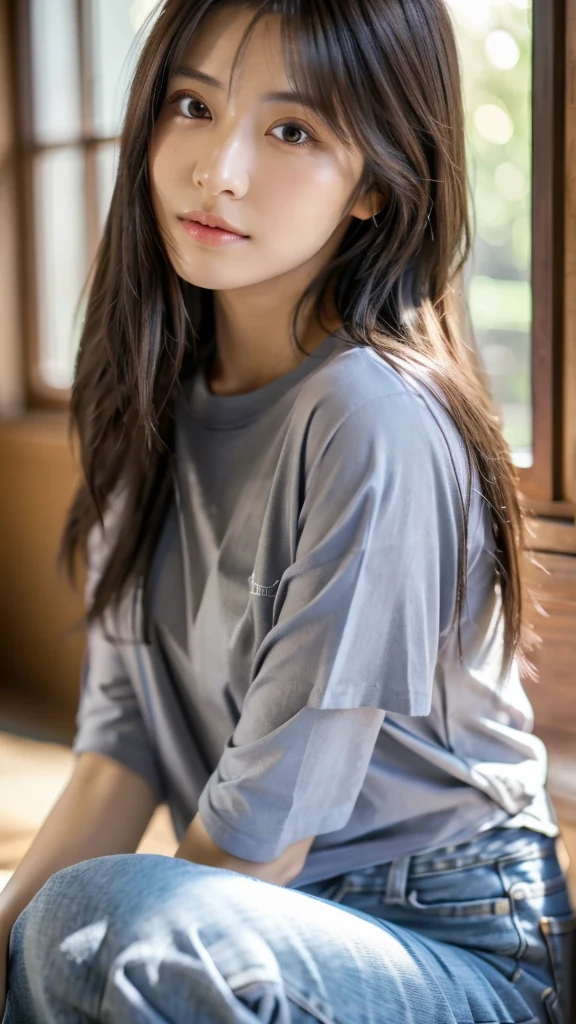 Japan Girl,beautiful girlfriend,a beauty,Raw foto,8K,morning sun lighting,Gray T-shirt and jeans miniskirt,Smooth long hair,A dark-haired,A detailed face,Detailed skin,Detailed eyes,(Slim body:1.3), girl in,About 23 years old,