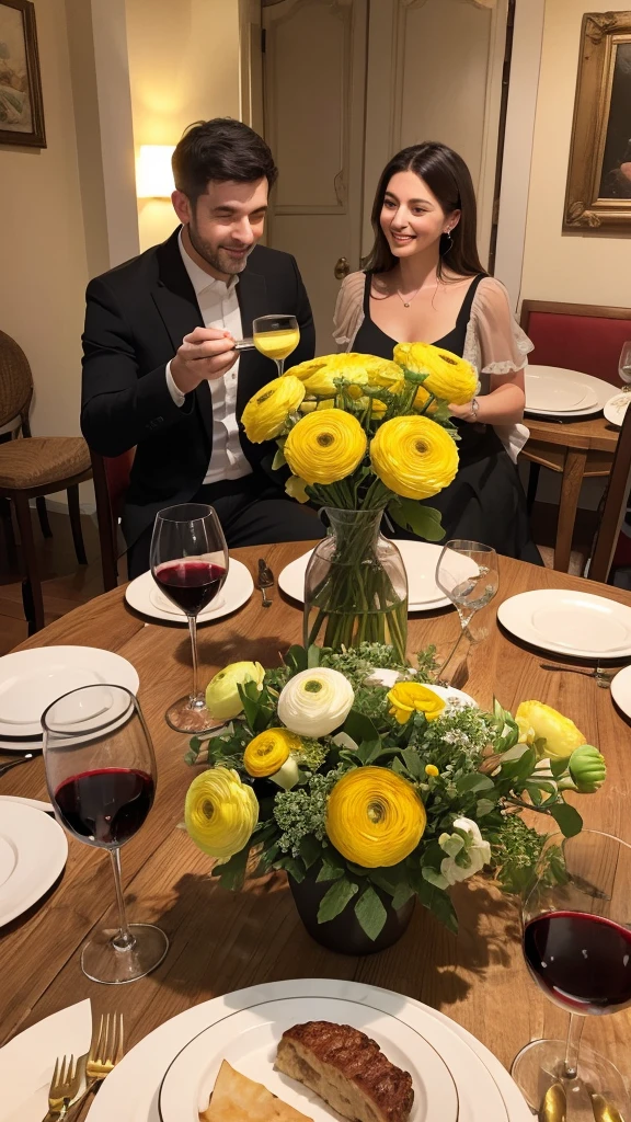 A vase full of yellow ranunculus is placed on the dining table, surrounded by Italian food and red wine. A Caucasian couple and their two children are enjoying their meal.