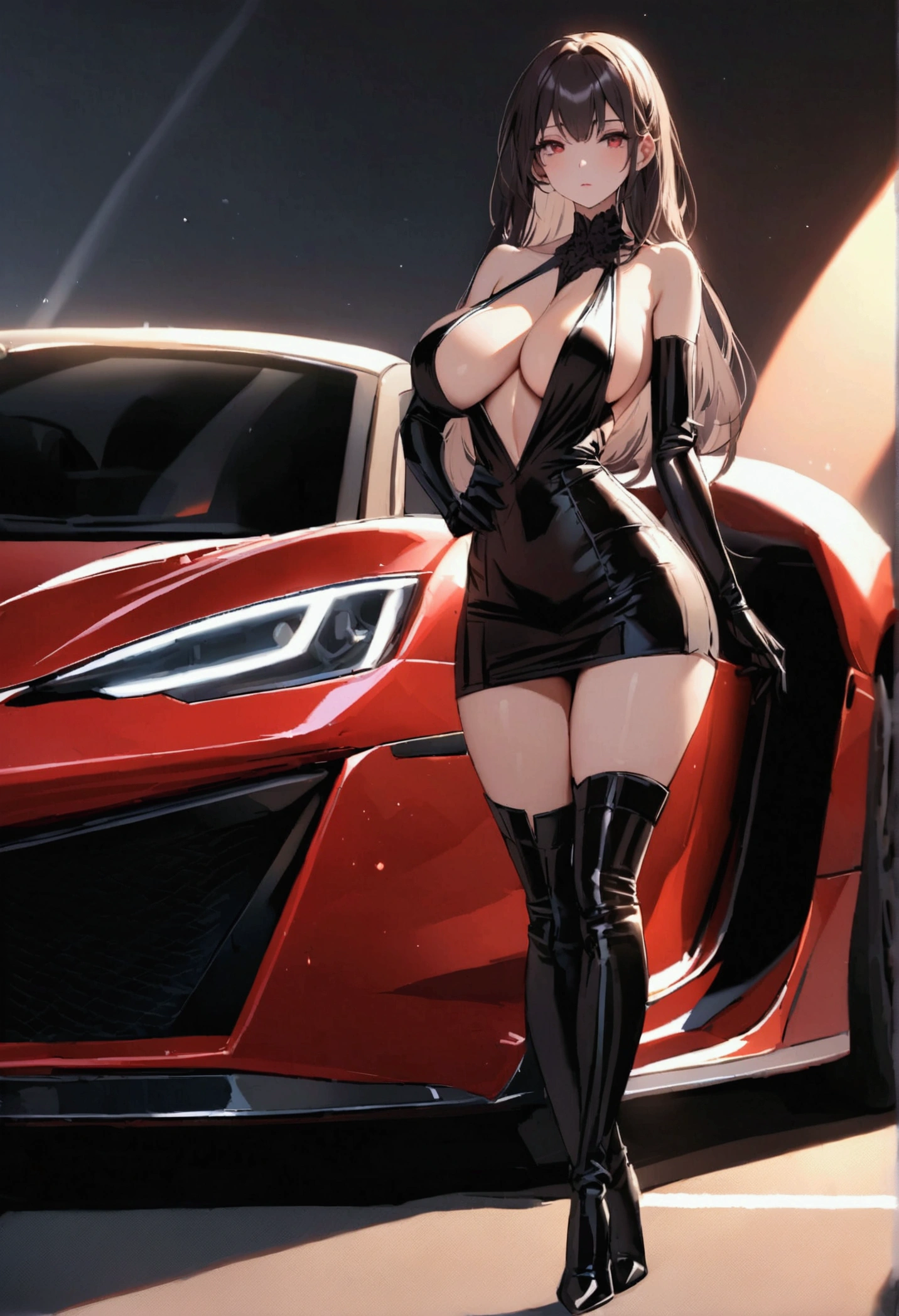 perfect and beautiful face, beautiful girl in red and black pointed toe stiletto knee high boots, standing beside a supercar ,, leatgher gloves on, big breasts and buts