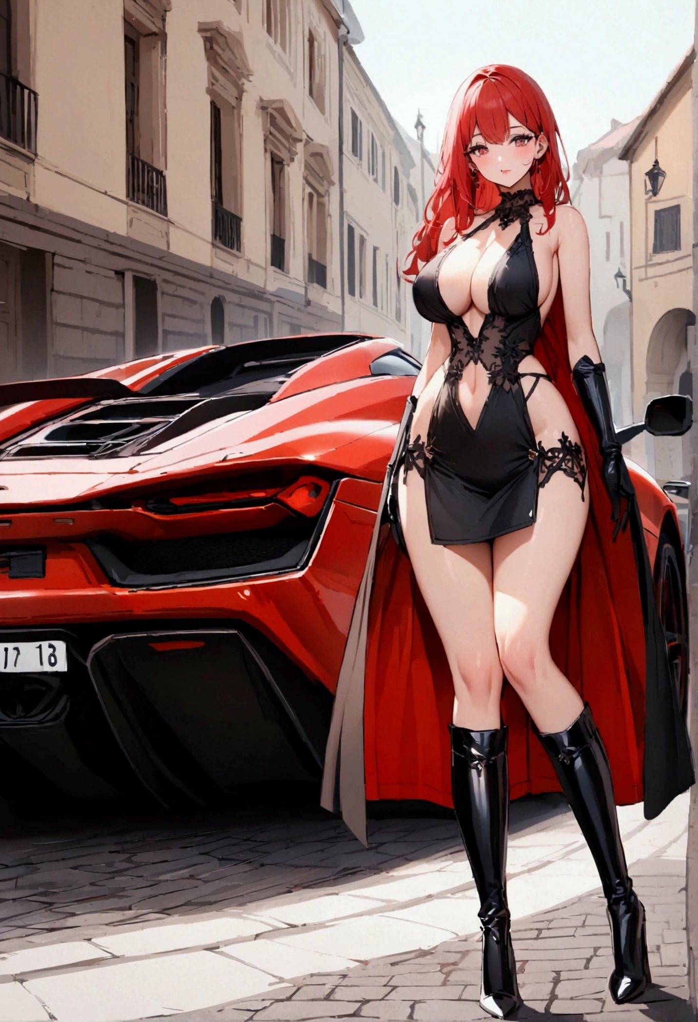perfect and beautiful face, beautiful girl in red and black pointed toe stiletto knee high boots, standing beside a supercar ,, leatgher gloves on, big breasts and buts