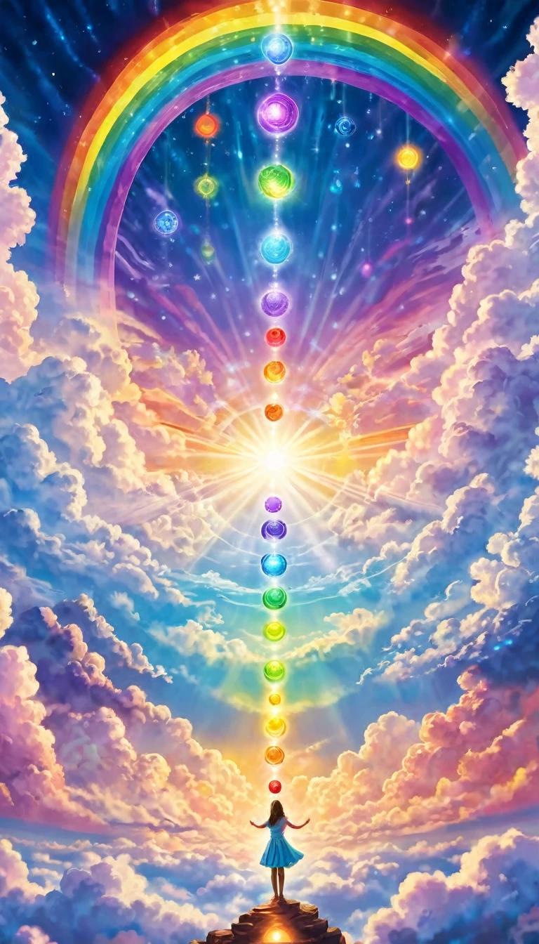 Students learning chakra healing, Magic School, Floating and glowing chakras, Above the Clouds, smile, Sphere of Light, Rainbow lights, The light rises