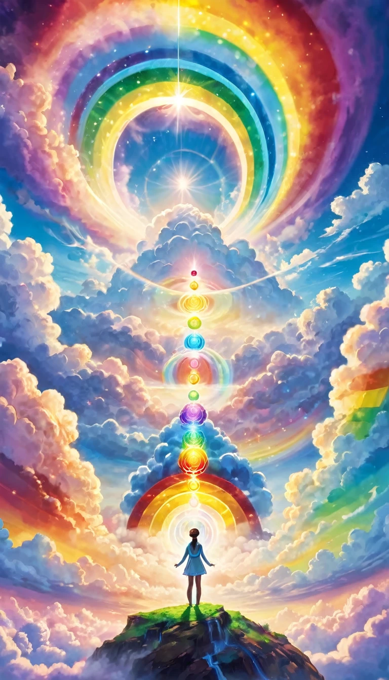 Students learning chakra healing, Magic School, Floating and glowing chakras, Above the Clouds, smile, Sphere of Light, Rainbow lights, The light rises