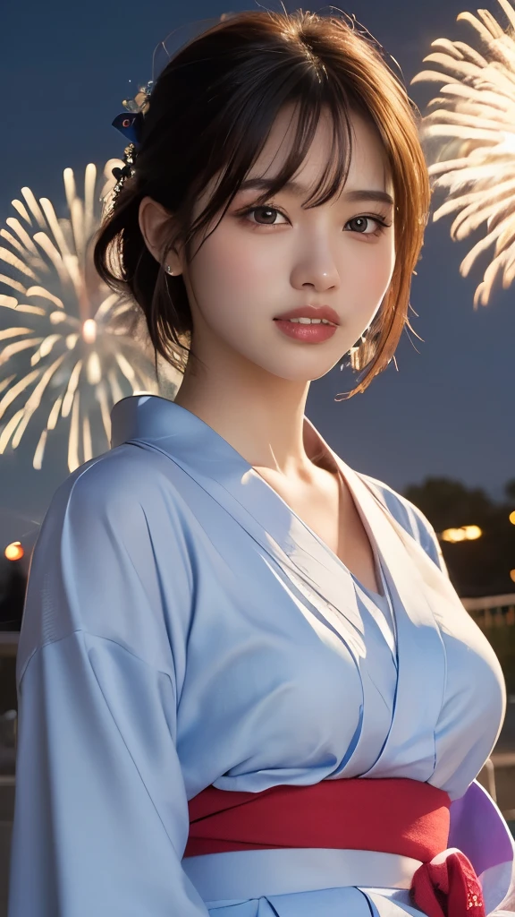 8K,Highest quality,(masterpiece:1.2),(Realistic),(Realistic:1.37),Ultra-high resolution,One Young Woman,((smile)),night,Big Breasts,Beautiful Eyes,festival grounds,(((Fireworks bursting into the sky))),(((night))),(((yukata))),Perfect body,Perfect Fingers,Professional Lighting,gravure,Detailed face and skin texture,fine grain,RAW Photos