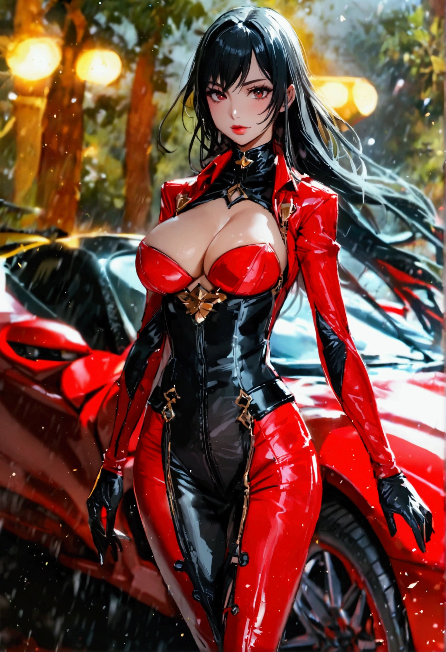 perfect and beautiful face, beautiful girl in red and black pointed toe stiletto knee high boots, standing beside a supercar ,, leatgher gloves on, big breasts and buts