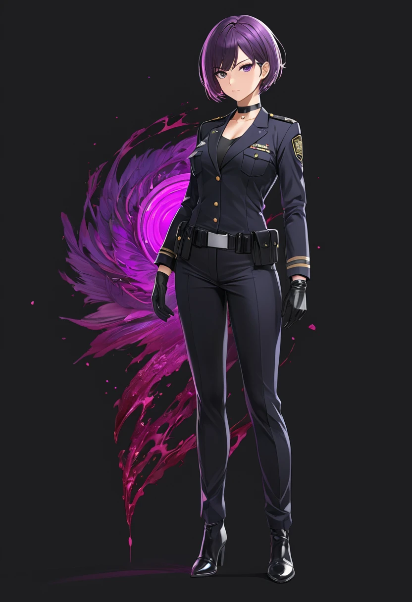 High-resolution anime digital art, Masterpiece, tomboy, mature, sexy, smart, short hair color pitch black, real detail eyes pupil purple, real anatomy body, wear gloves, black chokers, wear Black FBI uniform, Full Body, Alone, Full Body, intricate, hyper detailed, sharp focus, physically-based rendering, (black background:1.1)