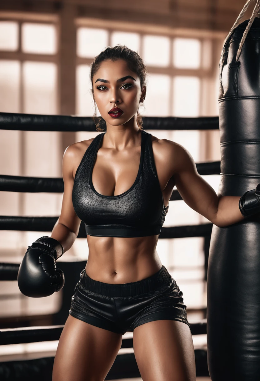 A woman in a boxing ring posing for a photo, wmma. A woman in a black tank top and red boxing gloves. Portrait of a female boxer, fierce expression, sweat on her face, boxing gloves, [Realistic], (strong lighting: 1.2), (boxing ring scene: 1.1), (4k resolution. Black sports bra and shorts, Boxer gloves, With attentive eyes, boxing stance, waist line 1 hyper-realistic real photo, frontal close-up, swinging a boxing glove in front of the camera with passion and anger, preparing to throw a strong punch Completely Arafed woman with green eyes. head up. Pose of a strong, muscular woman, determined expression, fierce look, athletic build, confident pose, beautiful young black woman 25 years old with voluminous dark skin with brown highlights, green eyes, beautiful green eyes, green eyes,. realistic, detailed green eyes, ultra-realistic, symmetrical, hyper-realistic (eyeliner, long and perfect eyelashes, the nose is small and proportional to the face and the soft contour of the face that accentuates the high cheekbones, attractive mouth and). irresistible, well-defined lips, full lips, voluminous lips, seductive lips, captivating, striking, unforgettable and enigmatic black lipstick. The face is oval, with high cheekbones and a well-defined chin, a beautiful and detailed face. Black lipstick, gothic makeup. Skin tone: Olive skin, healthy and even glow, with olive skin, dark skin, sexy girl with olive skin, detailed skin texture, beautiful and glowing skin, intricate details, smooth skin, healthy and radiant appearance. Hourglass body, voluptuous body, slender woman, Huge breasts, well-toned tummy, slim waist, Wide hips, big hips, huge butt, thick thighs, Long shapely legs. 50mm lens, f/2.8, hdr, RAW photo (8K), high quality resolution 8K uhd, dslr, 2k, 4K, 8K, 16K.