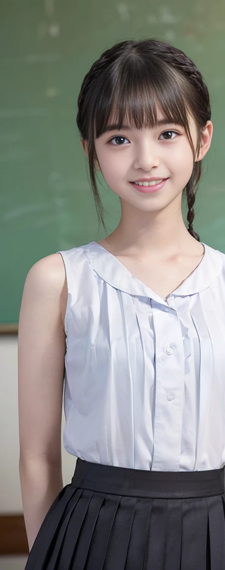 (Highest quality, masterpiece:1.2), Highest quality, Realistic, photograph, High resolution, 1080P, 8K, Physical Rendering, ((height: 155cm)), ((((((A beautiful -yeld faon model featured in a Japanese fashion magazine、Look directly at the viewer)))))), (((big, Very fine, Beautiful dark brown eyes))), ((((Everyone loves me、They are Laughter at me.!)))), Detailed fingers, (((length, Curled bangs、目までのlengthの前髪))), ((((Very noble and cute eyes, Every detail is carefully drawn)))), ((double eyelid)), (((length eyelashes))), ((cute、Adorable、Adorable、Laughter、Laughter頬)), ((The light hits my nose and cheeks. Her eyes and the white skin of her face are beautifully white........)), (((((Her face is very expressive、With a noble smile。, so sweet, very smart))))), ((((Her shirt is unbuttoned、Show your neck and chest)))), ((((so beautiful、肩までのlengthのストレートな茶色の髪、Side braided hair)))), (((((((Formal long pleated skirt))))))), (((Summer sleeveless white shirt)))), ((As elegant as a noble princess)), ((Girls dancing in the classroom)), ((from before, Her skirt was pulled up gracefully、Lower body is completely exposed。., Create striking images..))