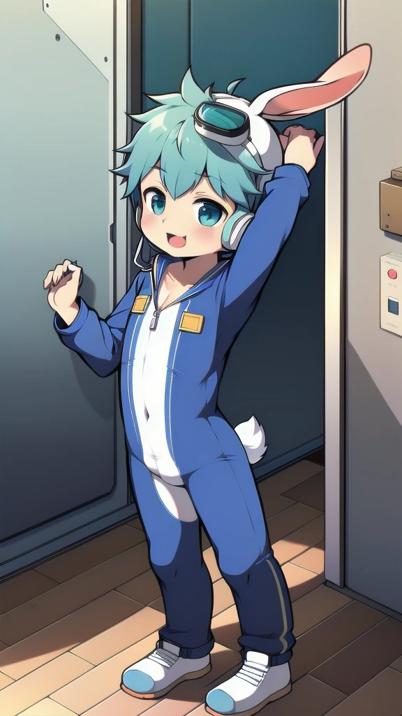 2D Boy Shota,One-piece mountaineering suit,Slim, healthy body,Put the headphones on your head,stand up,goggles,Rabbit ears,happy,Sailor collar,tie,Zipper pulled down,sports shoes