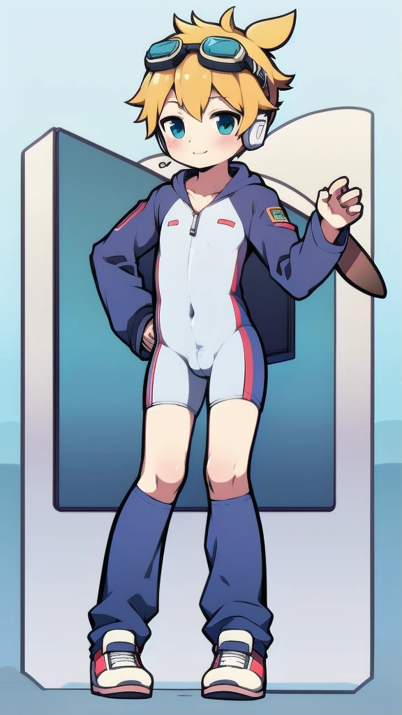 2D Boy ,One-piece mountaineering suit,Slim, healthy body,Put the headphones on your head,stand up,goggles,Rabbit ears,happy,Sailor collar,tie,Zipper pulled down,sports shoes