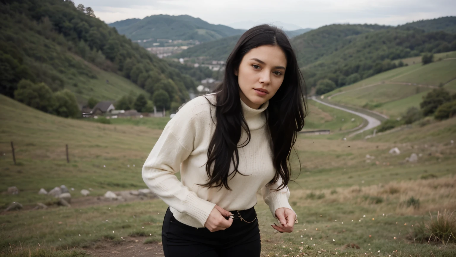 a girl(who is wearing white highneck sweater and black pant, long black hair ) takes an old woman's sack, more realistic, background green hills, evening scene