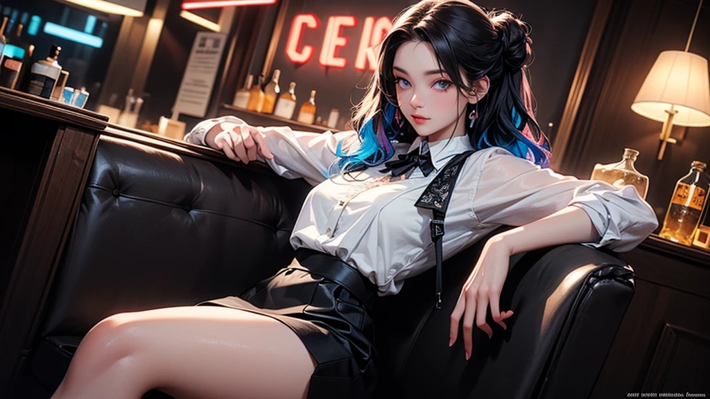 masterpiece、high resolution 8k、NSFW、sharp focus、contrast lighting、fine skin、muste piece、 highest quality、Ultra - High resolution、Super high resolution、Highly detailed CG, realisticlying, a lady, permanent, bartender, ((Black vest with white shirt) black tie), (black skirt with black lace stockings high heels), Stylish clothing, adult, Sexy, black hair, very long wavy hair, half updo half up half down, shine blue eyes, long upper eyelashes, most detailed eyes, light makeup, seductive expression eyes, (seductive smile:0.8), (Masterpiece best quality:1.2) Exquisite illustrations and super detailed, Medium breast, detailed face, high quality hair, super detailed finger, BREAK, ((Colorful neon lights:1.37) hang on the wall), (Neon tube:1.37), glowing, rest, (Fashion bar:1.2), indoors, ((cocktail glass) Filled with colorful wine), (The room is dimly lit), wine bottle, Art Deco, Detailed background, BREAK, Super textured skin, super detail face, perfect face, Super fine facial details, beautiful and delicate eyes, perfect eyes, correct limbs, (correct finger), super detail finger, best hair quality, best clothing quality, best prop quality, best backgroud detail and quality, anatomically correct, best quality, highres, award winning