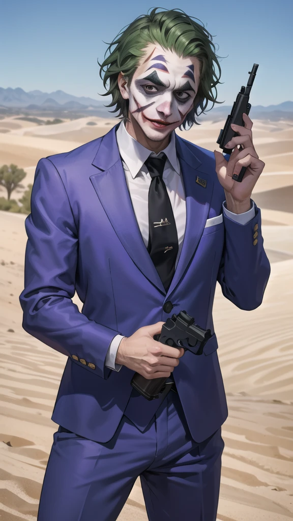 Masterpiece, Highest quality, high resolution, The Joker wears a purple suit., standing, Cowboy Shot, outdoor, See your viewers,pistol, pistol, M1910, ((pistol)),((Aim the gun at the audience.)),gun possession, desert