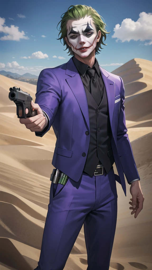 Masterpiece, Highest quality, high resolution, The Joker wears a purple suit., standing, Cowboy Shot, outdoor, See your viewers,pistol, pistol, M1910, ((pistol)),((Aim the gun at the audience.)),gun possession, desert