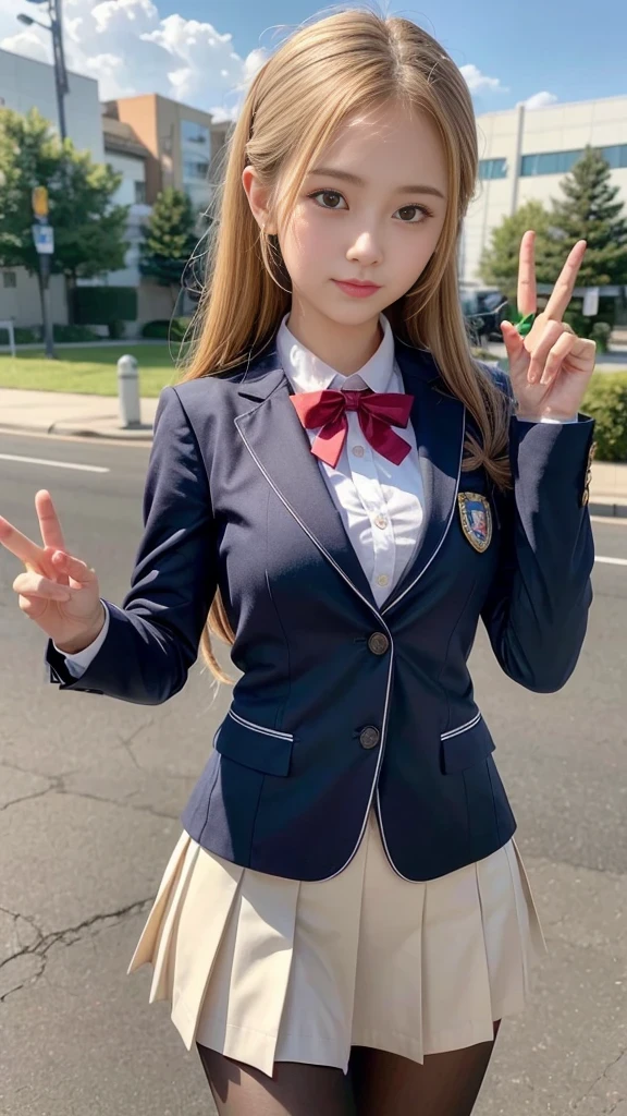 ((A girl making a peace sign in front of the road)), JK Uniform, beautiful high school girl, 現実的なhigh school girl, , Surreal, Nagatoro, Cute girl visuals, I also make fan art, Girl in uniform, Smooth body, high school girl, Surreal , seifuku, ((Magic school uniform)), (Detailed eyes and face:1.3, Professional photography techniques), (Detailed hands:1.2, Anatomically correct hand:1.2, Beautiful little hands of a girl:1.3), (Beautiful breasts), (Tight waist), Small beautiful butt, ribbon, (Brown Hair, Beautiful, silky smooth hair), (Cute small face, A captivating smile), (Highest quality, Highest quality, Masterpiece, Highest quality, Ultra-Real), Gaze at the viewer, blush, 