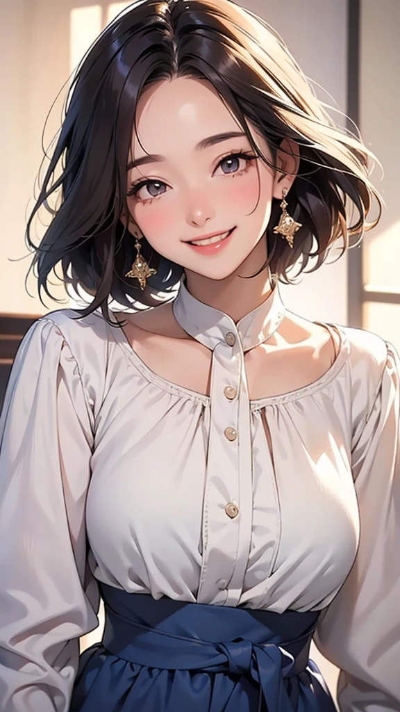 Mature Woman,(1 person), With a smile, She expressed her joy, blouse,Beautiful and smiling, Laugh gently, Cute smile, 美しいWith a smile, Happy and cheerful expression, And she laughs,very happy, (masterpiece、Highest quality)、Best details