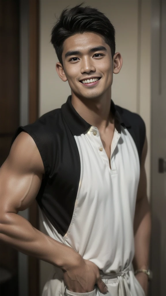 Thai man, short hairstyle, buzz cut, handsome, muscular, big muscles, broad shoulders, model wearing a black polo shirt, standing and smiling.