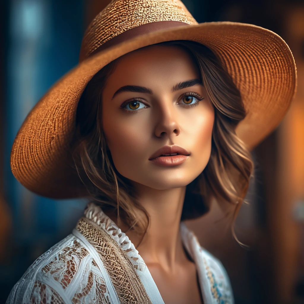 femme arafée dans un chapeau debout dans une pièce avec beaucoup de photos, portrait doux 8 k, Sergueï Zabeline, photographie couleur portrait 4k, par Fiodor Rokotov, Photographie de portrait artistique 8k, Alexeï Egorov, par Irakli Nadar, Superbe portrait, fille française, portrait VFX très détaillé, beau portrait