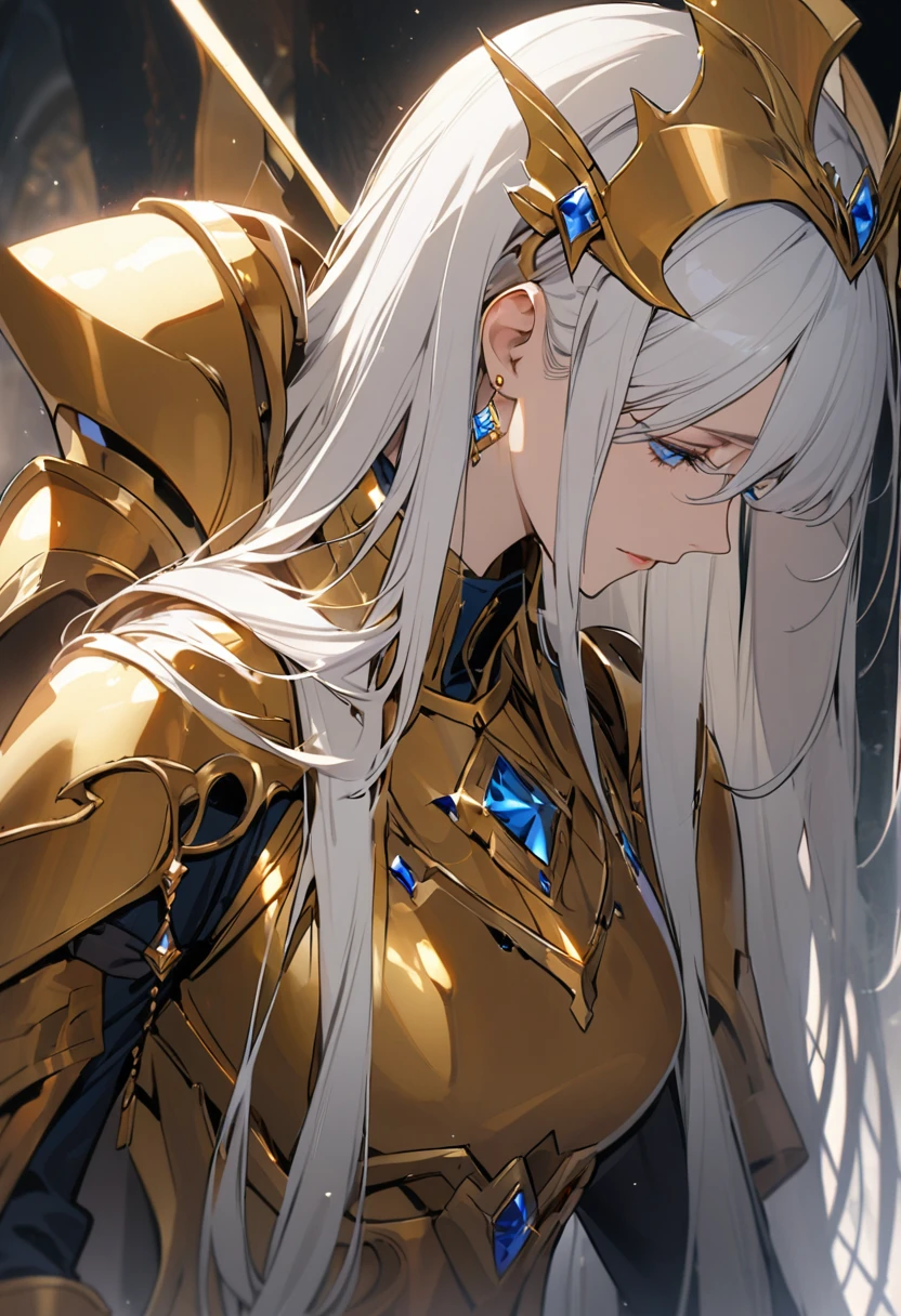 woman, blue eyes, long hair, white hair, mature, god eyes, diamond earings, gentle, side view, golden armor, half eyes, keep the head down