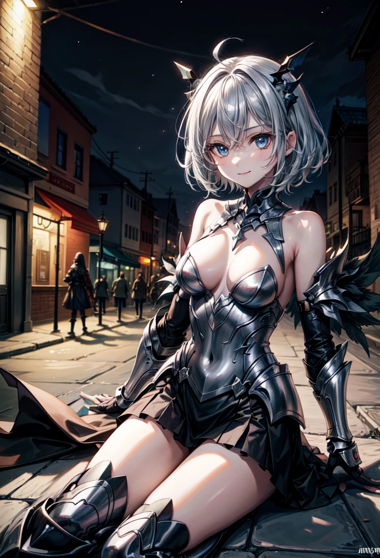 Fantasy, 1angel_girl,young_, ,Silver_hair, short_hair, length_前hair, Hello,just_shoulder,Knee socks,Silver_armor, Waist_armor, ,sleepy,half_eye,1pair_wing, dynamic_Pause_Finding,floating, just_share, headgear,Gauntlet, Shin Guards,city_background,, alone, street background, night,Wicked Smile,Spooky