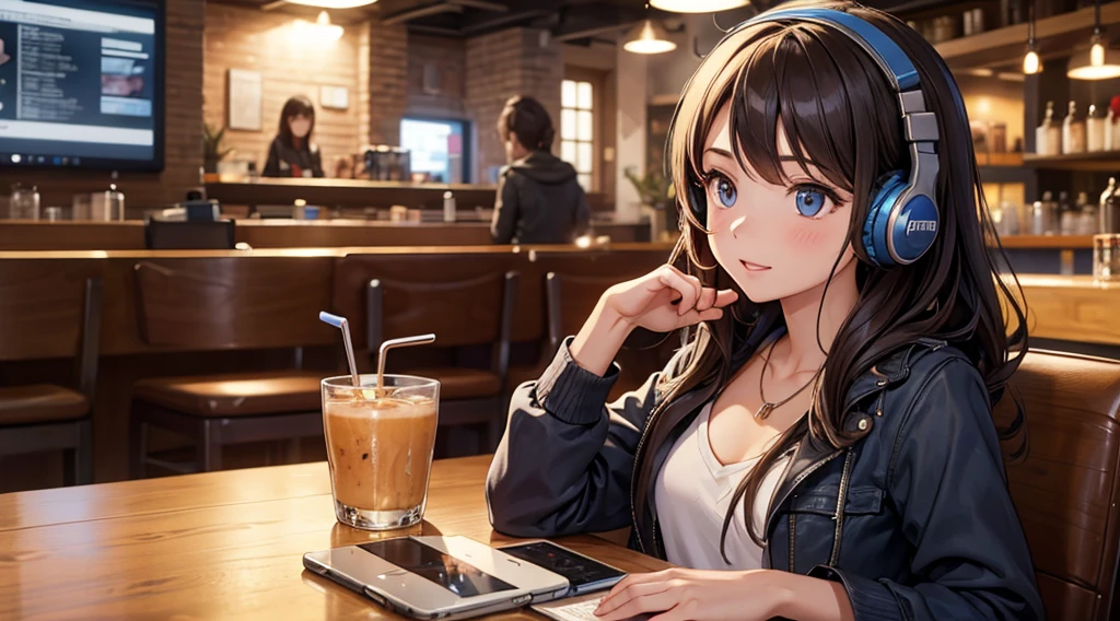 Girl with headphones enjoying music in a cafe I am studying Emphasize a little bit of the chest