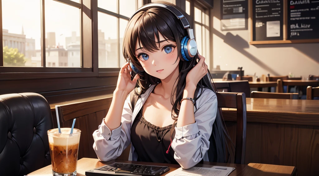 Girl with headphones enjoying music in a cafe　I am studying　Emphasize a little bit of the chest
