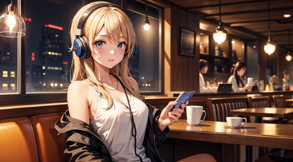 Girl with headphones enjoying music in a cafe I am studying Emphasize a little bit of the chest
