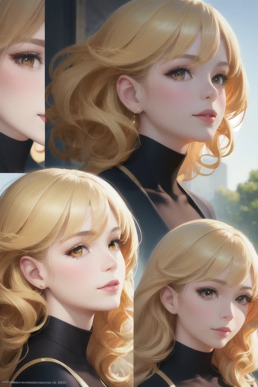 girl,Character design sheet,Beautiful attention to detail,Beautiful lip detail,Highly detailed eyes and face,Long eyelashes, Like an oil painting, art, Super detailed,Professional,Vibrant colors,Portraiture,Studio Lighting,,Physically Based Rendering,High resolution,超High resolution. Yellow Eyes, Curly hair，Shining blonde，smile，Fluttering Hair、Large Breasts、profile