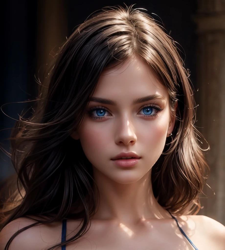 closeup shot, beautiful girl, sexy blue eyes, detailed lips, eyes, detailed skin texture, dark hair, hyper detailed photo with sharp focus, beautiful masterpiece,