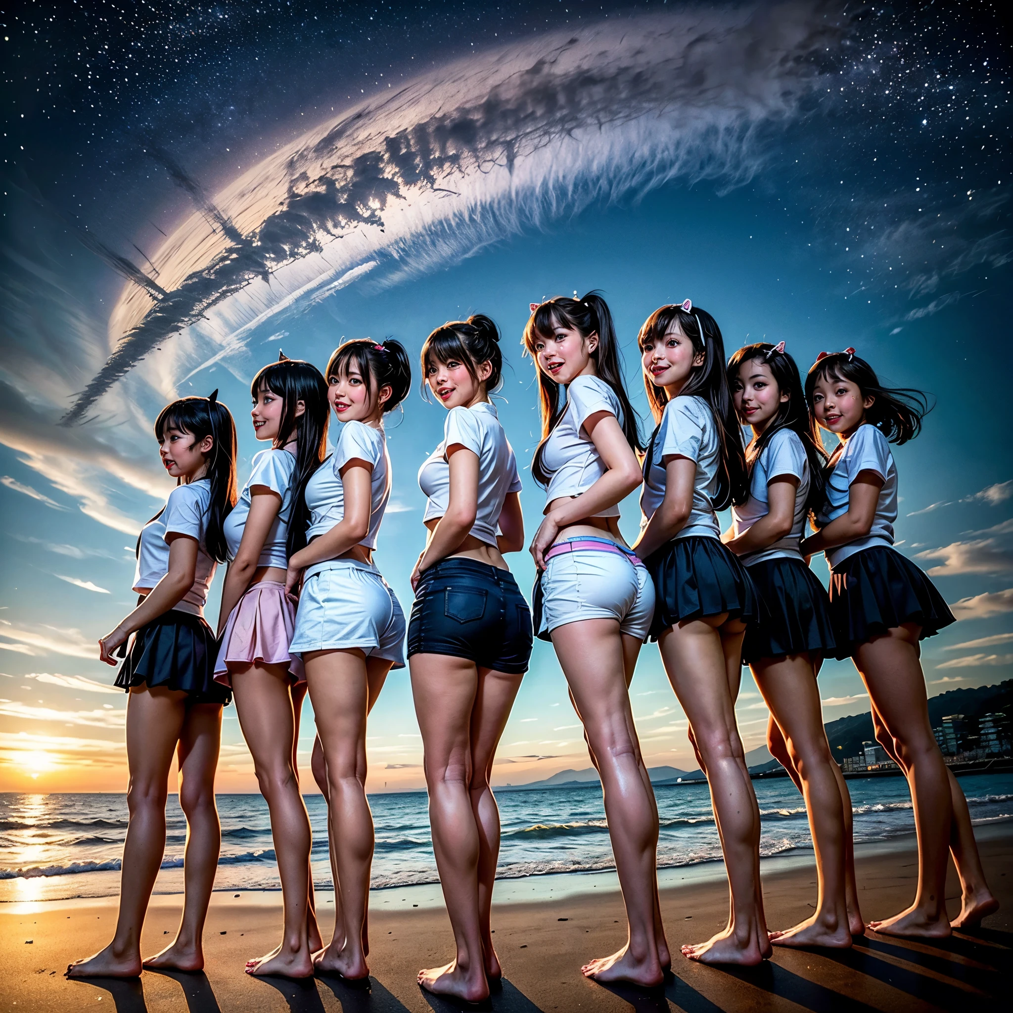 ((ExtremelyDetailed (12 PUNIPUNI KAWAII Girls in a row:1.37) in WHITE at Dusk Enoshima Beach)), (masterpiece 8K TopQuality) (ProfessionalPhoto:1.37), {(Standing Full Body:1.2)|(from below:1.2)}, Different types of hair colors, {(skinny(SchoolSwimwear))|(SchoolUniform with Low Rise Micro Shorts)}, {Detailed Childish hand|Hidden hand|Armpit|Different types of breasts of various sizes from HUGE to FLAT|(Clearly Visible the shape of Butt)}, Joyful Expressions LifeLike Rendering, PerfectLighting, (Dazzling RainbowColorHorizon), (Starry IridescentParticles:1.32) ColorfulClouds, (Acutance:0.8)(((from Side below))) (Standing in the sea) sparkling splashing water
