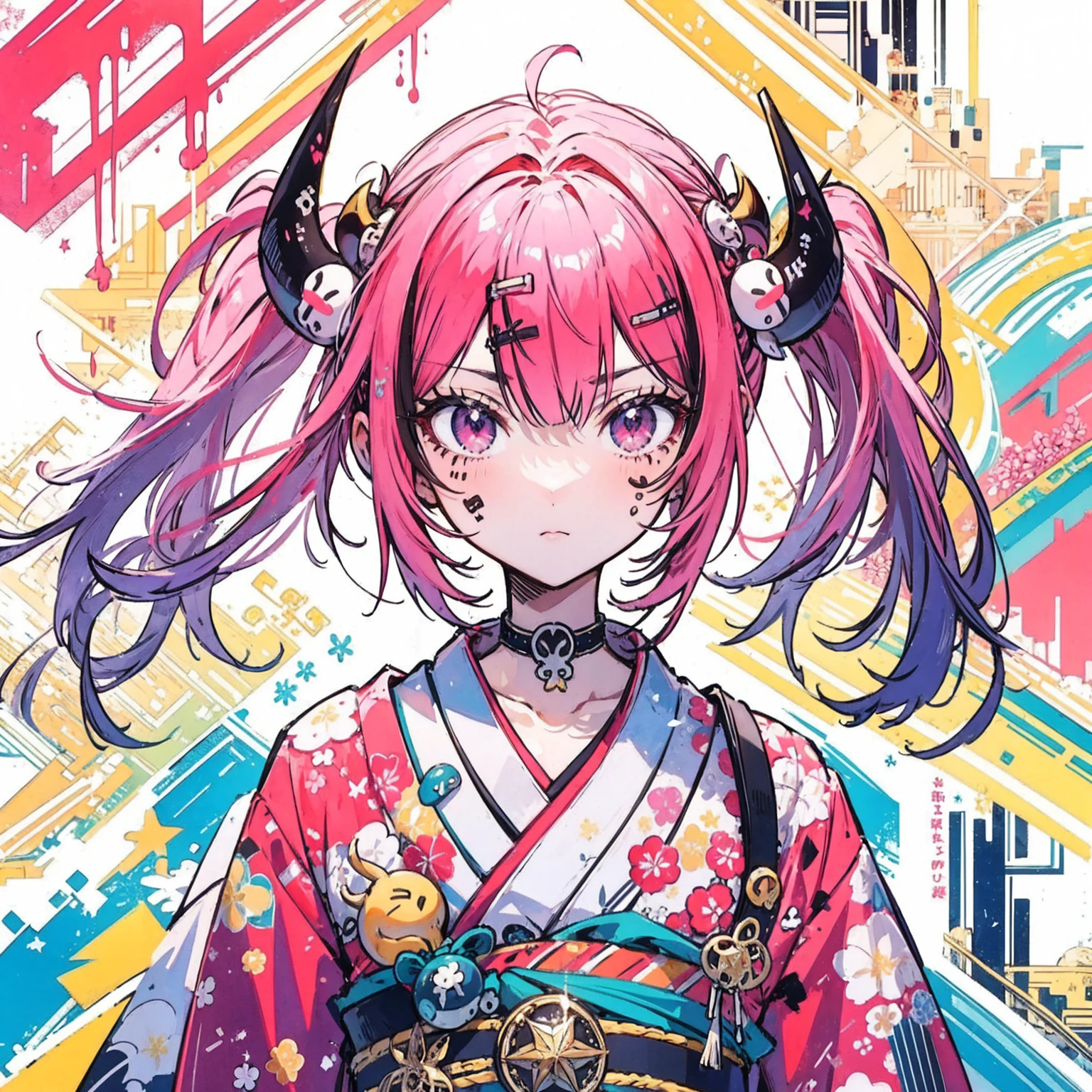 (Highest quality,masterpiece:1.2,Intricate details:1.2),Beautiful Face,ukiyoe,One girl,Girl in patterned kimono,View the viewer:1.3,Face Tattoos:1.2,Small demon horn,Detailed Hair,Fluid brushwork,traditional japanese art, Vibrant colors, Golden Belt, Delicate cherry, Calm expression, Traditional makeup, Peaceful Background, Soft lighting