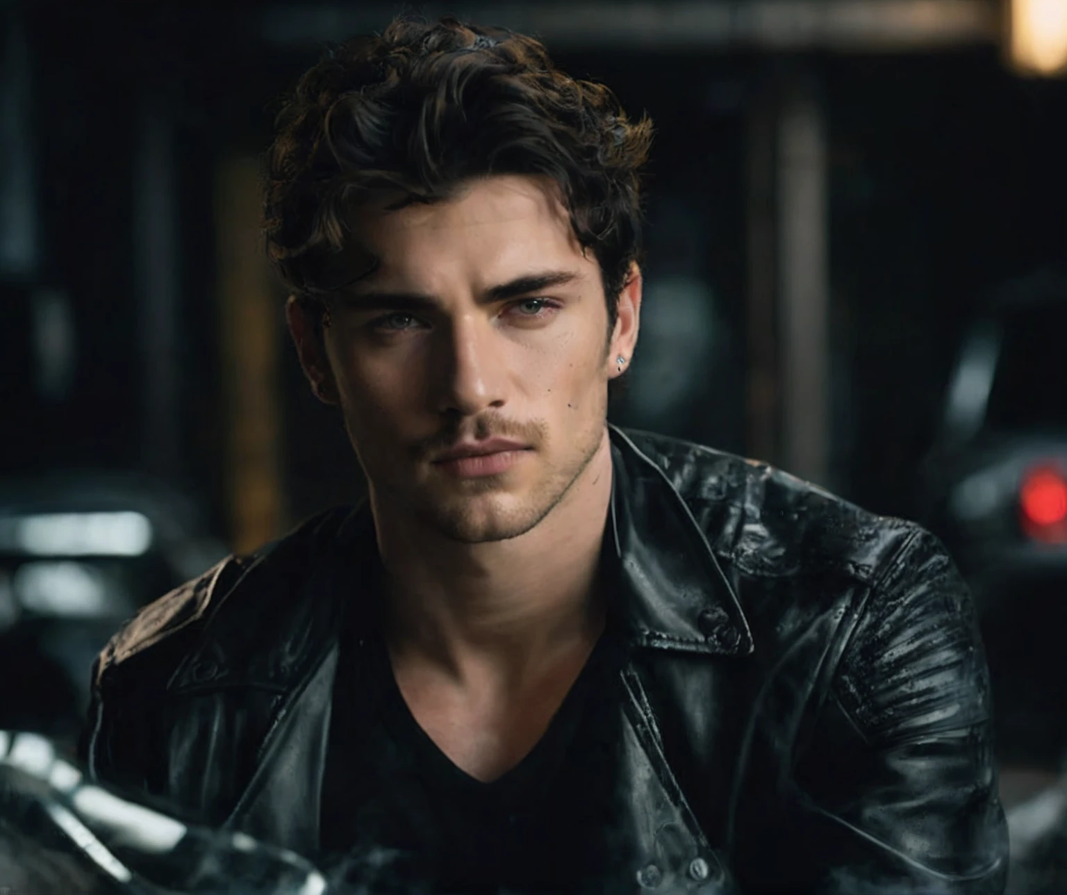 1 man, inside a clandestine race track, wearing a white shirt, detailed facial features, beautiful male eyes, detailed light skin, medium black hair, strong expression, tattoos on the body, dramatic lighting, cinematic composition, cold and dark color palette, atmospheric fog, strong chin, manly man, night, (best quality, 4K, 8K, high resolution, art: 1.2), ultra-detailed, (realistic, photorealistic, photorealistic: 1.37)