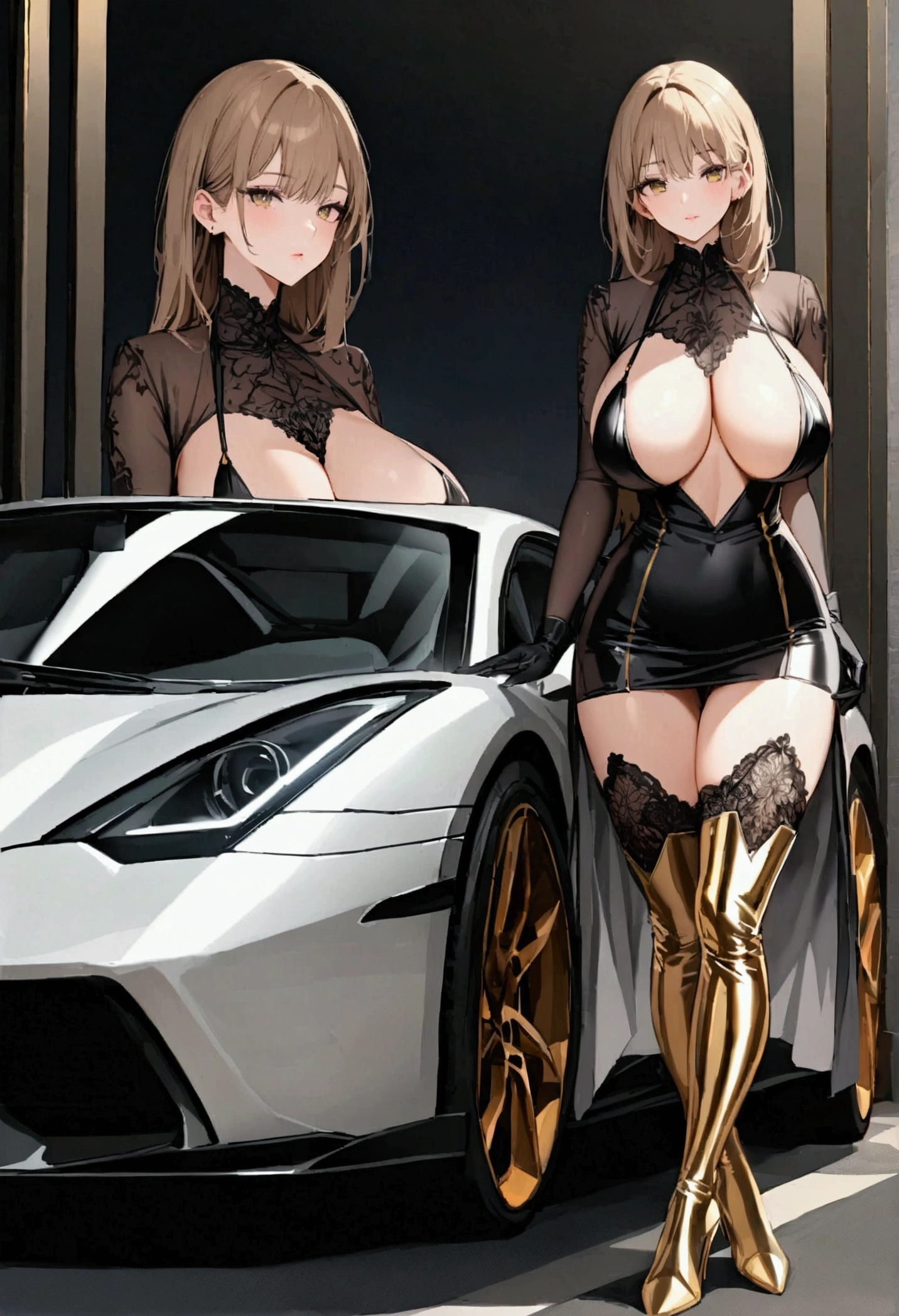 perfect and beautiful face, beautiful girl in black and golden pointed toe stiletto knee high boots, standing beside a supercar ,, leatgher gloves on, big breasts and buts