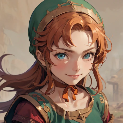 (masterpiece), (best quality),(portrait),(bust up),1girl,solo,(sharp focus),(look at viewer),hobbit,young girl,maribel,orange hair,hood,red choker,ancient clothes,(simple background),old school fantasy art,super shiny face,Ultra Glossy Skin,smile,embroidery outfit,medieval farmer outfit,moss green outfit, ,beige outfit