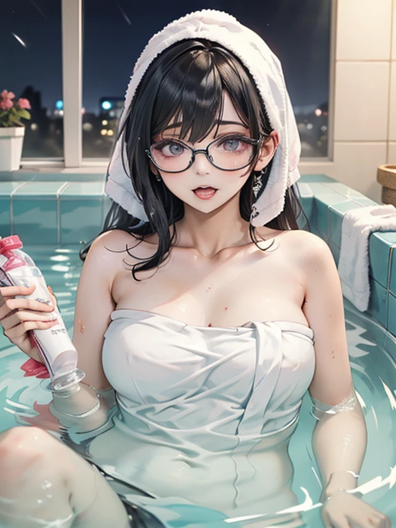 Highest quality,Highest Resolution,bath towel1Sheet,night,Very beautiful eyes,Big Breasts,Black Hair,hot spring,bath,no gravity,Glasses,