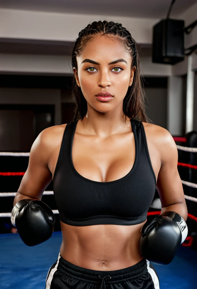 A woman in a boxing ring posing for a photo, wmma. A woman in a black tank top and red boxing gloves. Portrait of a female boxer, fierce expression, sweat on her face, boxing gloves, [Realistic], (strong lighting: 1.2), (boxing ring scene: 1.1), (4k resolution. Black sports bra and shorts, Boxer gloves, With attentive eyes, boxing stance, waist line 1 hyper-realistic real photo, frontal close-up, swinging a boxing glove in front of the camera with passion and anger, preparing to throw a strong punch Completely Arafed woman with green eyes. head up. Pose of a strong, muscular woman, determined expression, fierce look, athletic build, confident pose, beautiful young black woman 25 years old with voluminous dark skin with brown highlights, green eyes, beautiful green eyes, green eyes,. realistic, detailed green eyes, ultra-realistic, symmetrical, hyper-realistic (eyeliner, long and perfect eyelashes, the nose is small and proportional to the face and the soft contour of the face that accentuates the high cheekbones, attractive mouth and). irresistible, well-defined lips, full lips, voluminous lips, seductive lips, captivating, striking, unforgettable and enigmatic black lipstick. The face is oval, with high cheekbones and a well-defined chin, a beautiful and detailed face. Black lipstick, gothic makeup. Skin tone: Olive skin, healthy and even glow, with olive skin, dark skin, sexy girl with olive skin, detailed skin texture, beautiful and glowing skin, intricate details, smooth skin, healthy and radiant appearance. Hourglass body, voluptuous body, slender woman, Huge breasts, well-toned tummy, slim waist, Wide hips, big hips, huge butt, thick thighs, Long shapely legs. 50mm lens, f/2.8, hdr, RAW photo (8K), high quality resolution 8K uhd, dslr, 2k, 4K, 8K, 16K.
