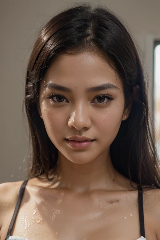 best quality,4K,8K,height,Masterpiece:1.2,very detailed,realistic:1.37,Thai beautiful girl,brown eyes,Beautifully detailed eyes,Beautifully detailed lips,perceptive eyes,Looking straight at the viewer,black hair,thin,pure and simple,calm expression,gentle smile,bedroom background, Bright backlight, Wear a wet white shirt,No bra,
frontal photo portrait,close up face