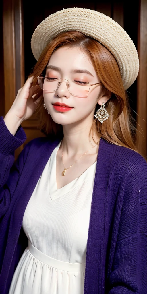 1girl, solo, yorigami jo'on, orange hair, drill hair, eyewear on head, orange eyes, jewelry, bow, white dress, purple jacket, pendant, earrings, hat, standing, hand on hip, looking at viewer, one eye closed, smirk, outdoors, city