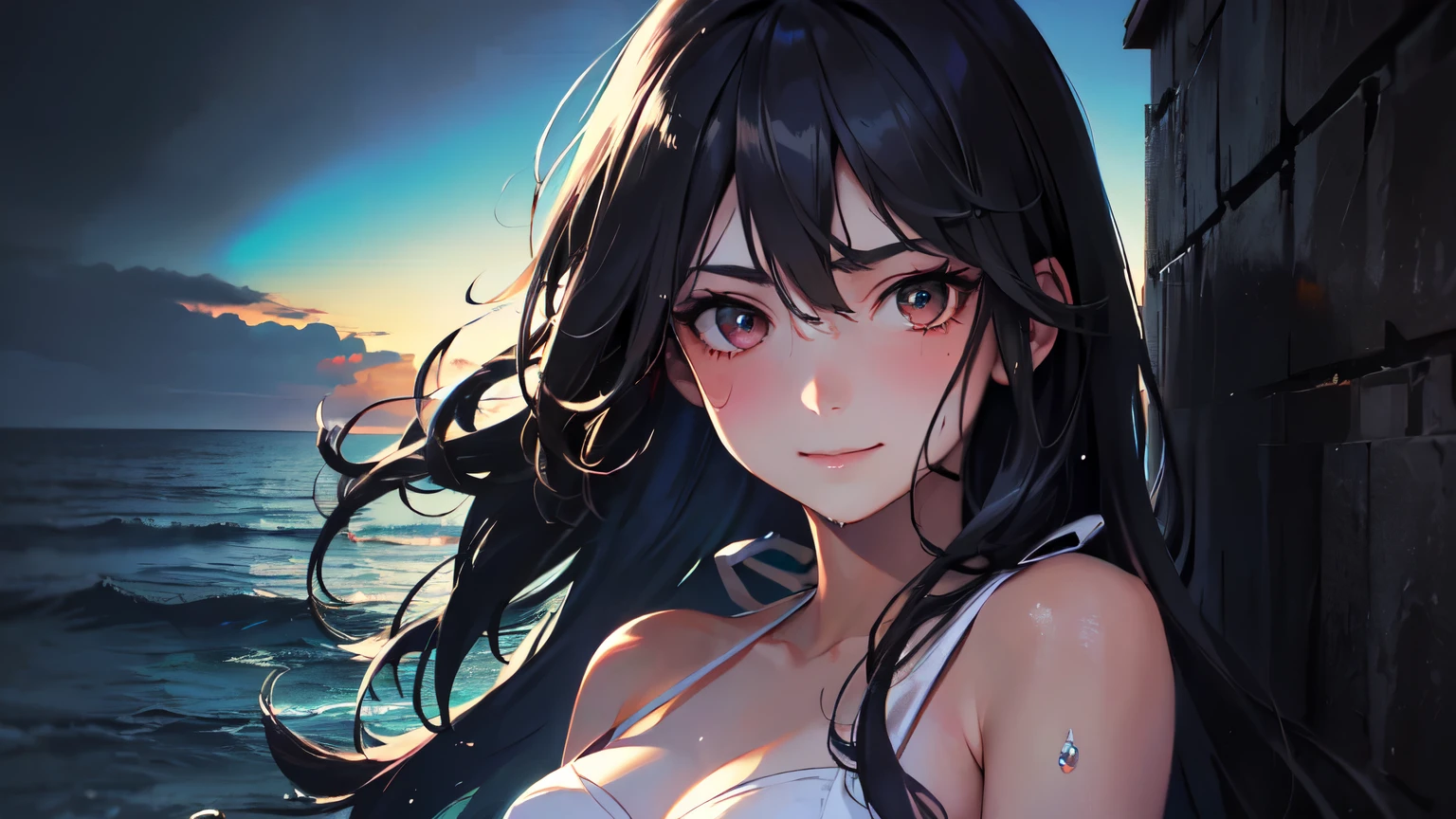 elegant、Beauty、Iris、Black Hair、Soft Light、４ｋresolution、high quality、Upper Body、Summer sunshine、Summer attire