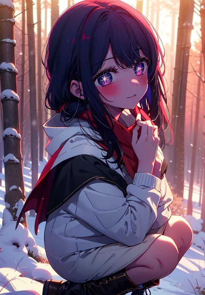 aihoshino, Ai Hoshino, Long Hair, bangs, (Purple eyes:1.1), Purple Hair, (Symbol-shaped pupil:1.5), smile,,smile,blush,White Breath,
Open your mouth,snow,Ground bonfire, Outdoor, boots, snowing, From the side, wood, suitcase, Cape, Blurred, , forest, White handbag, nature,  Squat, Mouth closed, Cape, winter, Written boundary depth, Black shoes, red Cape break looking at viewer, Upper Body, whole body, break Outdoor, forest, nature, break (masterpiece:1.2), Highest quality, High resolution, unity 8k wallpaper, (shape:0.8), (Beautiful and beautiful eyes:1.6), Highly detailed face, Perfect lighting, Extremely detailed CG, (Perfect hands, Perfect Anatomy),