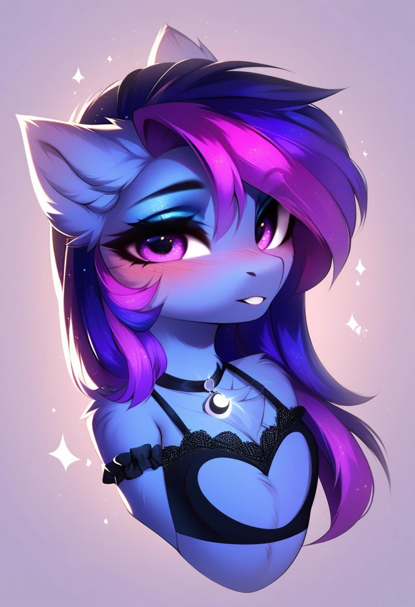 check_9, check_8_up, check_7_up, source_fluffy, rating_safe, from Magnaluna, Luna poses seductively in a gothic bedroom, antro, blushing, blue body, purple mane, black lingerie