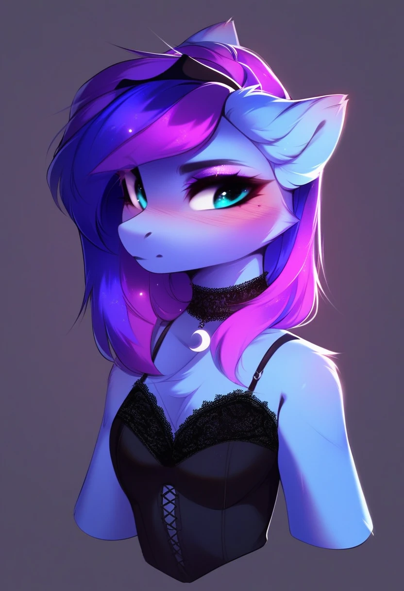 check_9, check_8_up, check_7_up, source_fluffy, rating_safe, from Magnaluna, Luna poses seductively in a gothic bedroom, antro, blushing, blue body, purple mane, black lingerie