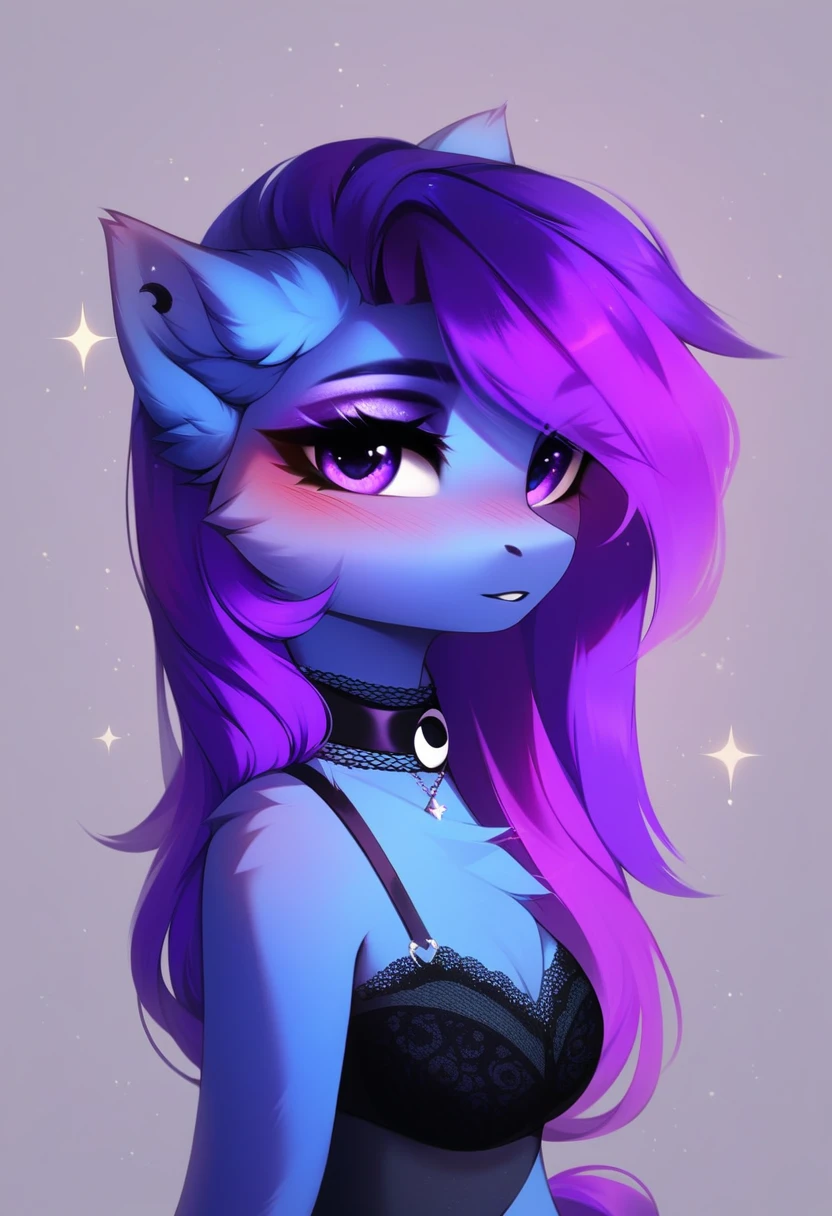 check_9, check_8_up, check_7_up, source_fluffy, rating_safe, from Magnaluna, Luna poses seductively in a gothic bedroom, antro, blushing, blue body, purple mane, black lingerie