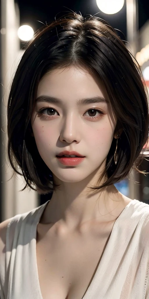 masterpiece, best quality, miranda, (halfbody shot,street lamps,moon),Masterpiece, 1girl, solo exhibition, beautiful woman on the bustling street, surrounded by hawkers, beautiful goddess girl portrait, beautiful and detailed face, porcelain skin, (((bust shot, center, night, black hair, short hair)), super soft lighting, symmetry, complexity, elegance, high detail, realism, art, concept art,