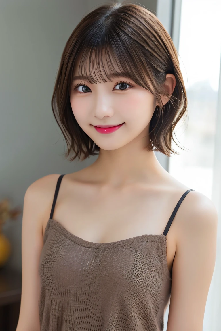 Highest quality(beautiful)、Brown eyes、22-year-old female、smile、Gal、Semi-short hair、camisole、Natural Lip