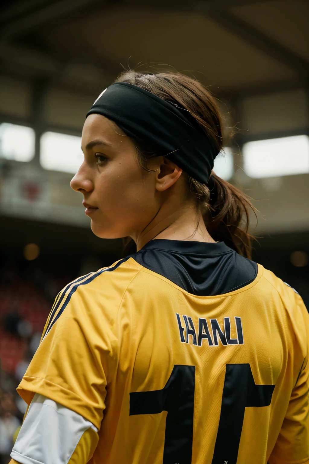Soccer player with headband wearing jersey that has "HANNIEL" on theback